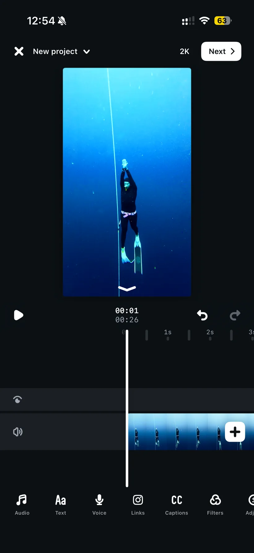 Open a new Edits project with your dive clip on the timeline.