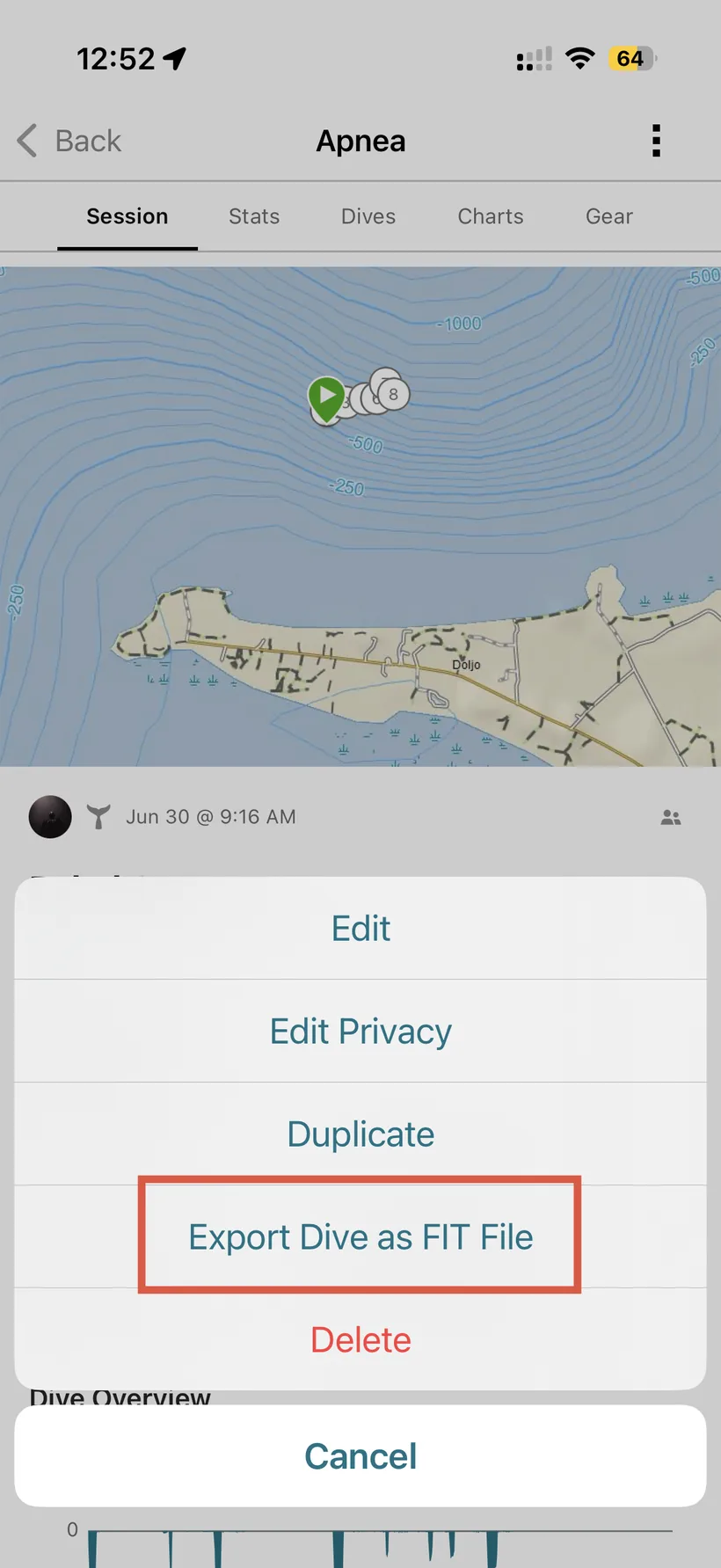 Choose Export Dive as FIT File to download the raw dive data.